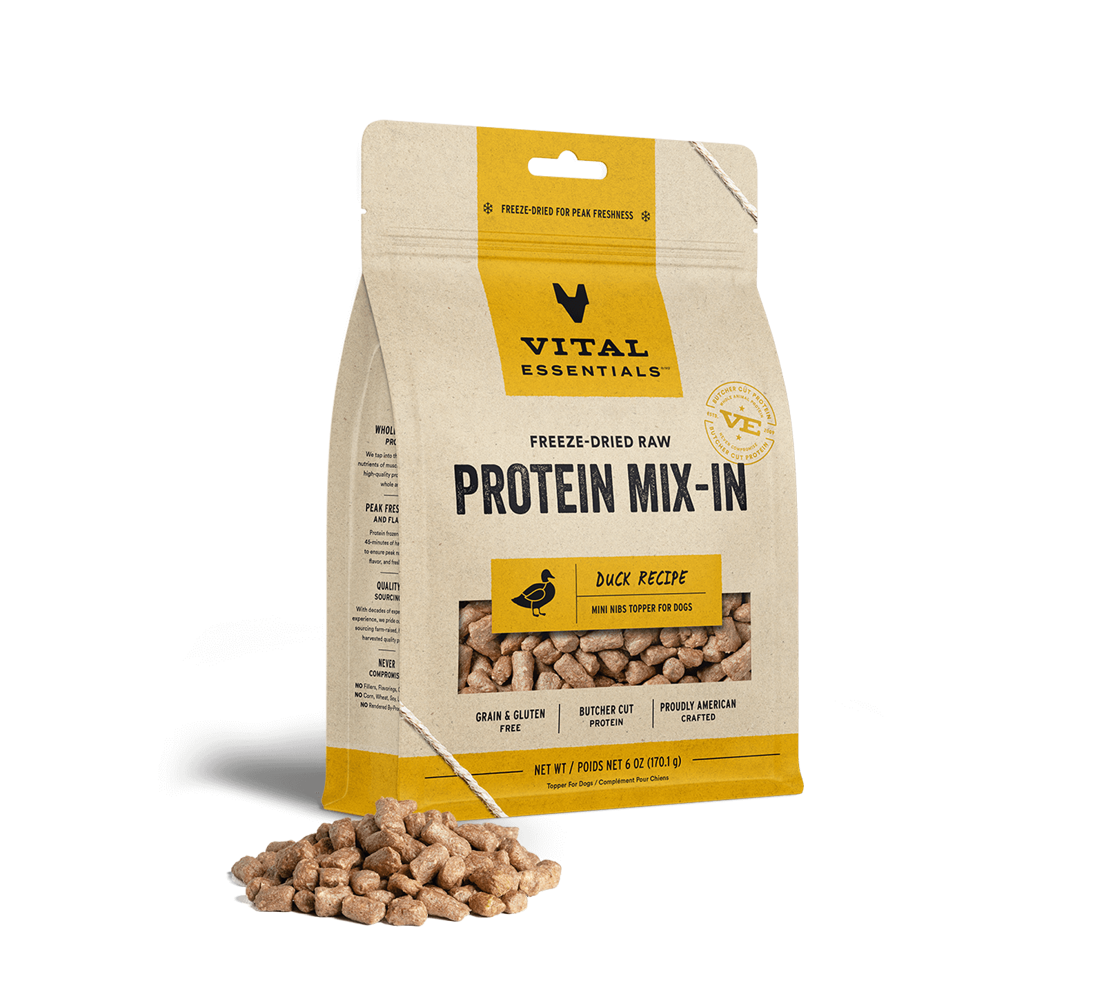 package front vital essentials®_freeze-dried raw protein mix-in_duck_recipe_mini nibs_topper for dogs