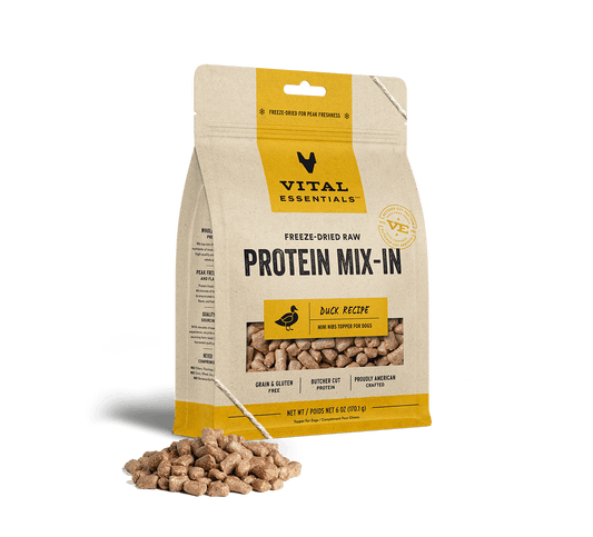 package front vital essentials®_freeze-dried raw protein mix-in_duck_recipe_mini nibs_topper for dogs