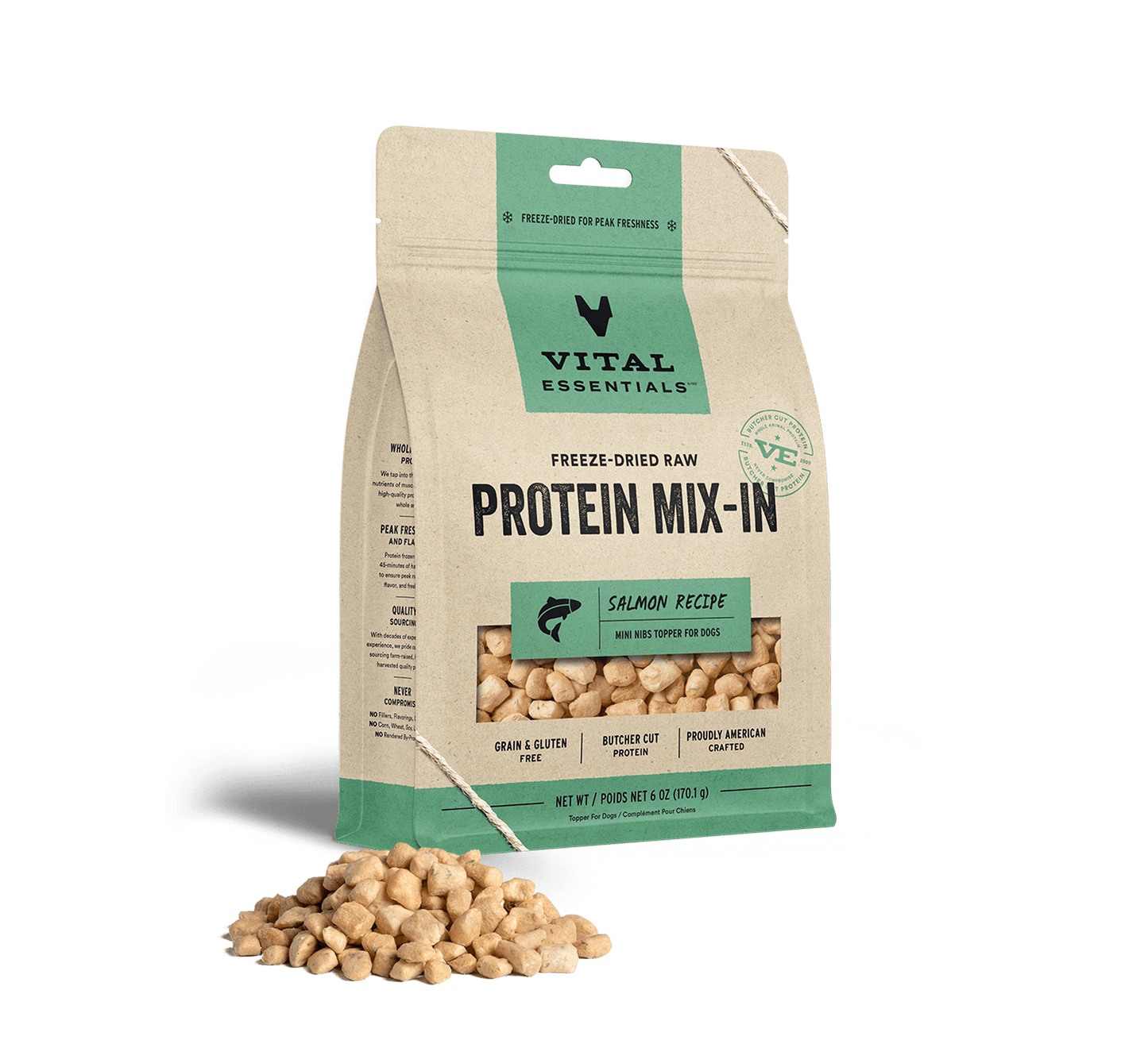 package front vital essentials®_freeze-dried raw protein mix-in_salmon_recipe_mini nibs_topper for dogs