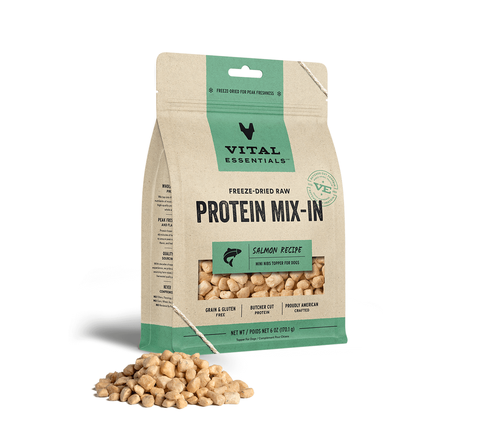 package front vital essentials®_freeze-dried raw protein mix-in_salmon_recipe_mini nibs_topper for dogs