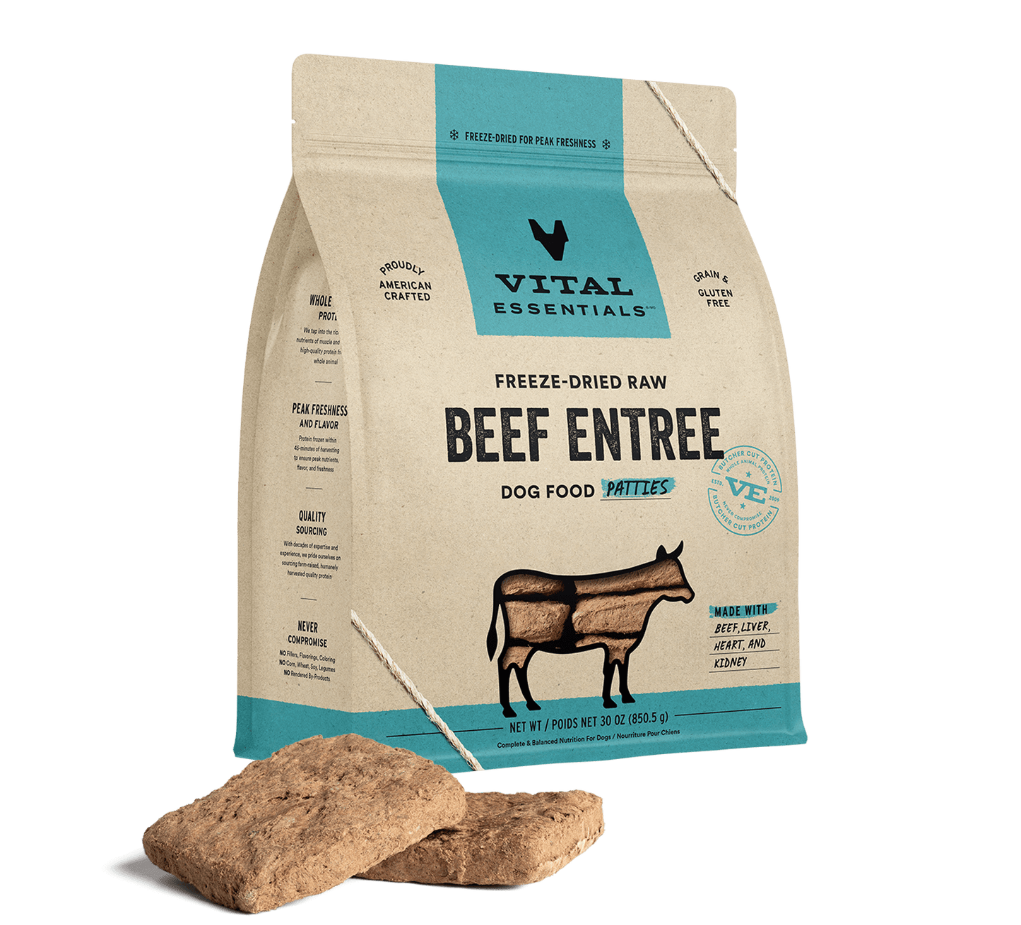 package front vital essentials®_freeze-dried raw_beef_entree_patties_dog food