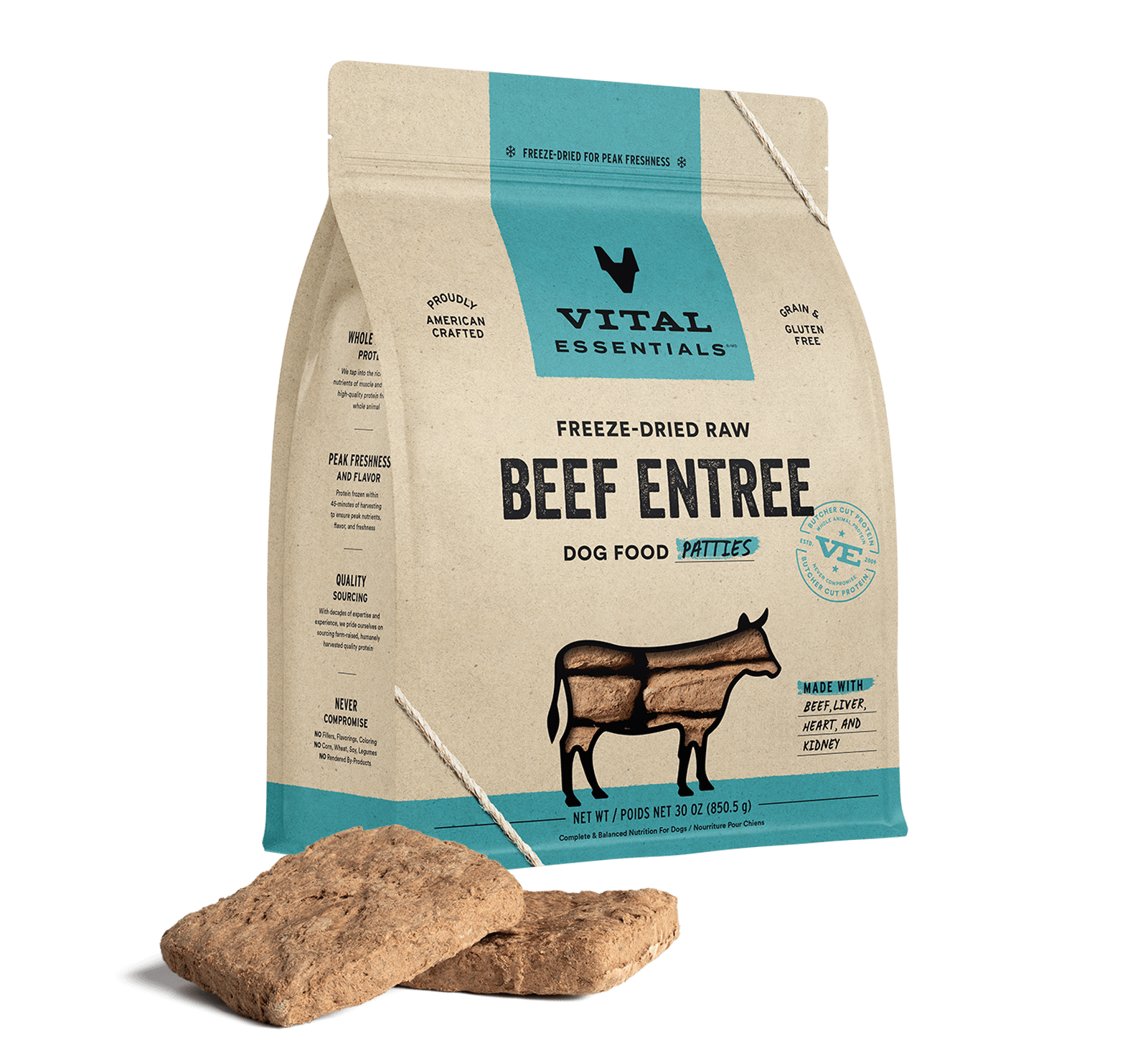 package front vital essentials®_freeze-dried raw_beef_entree_patties_dog food