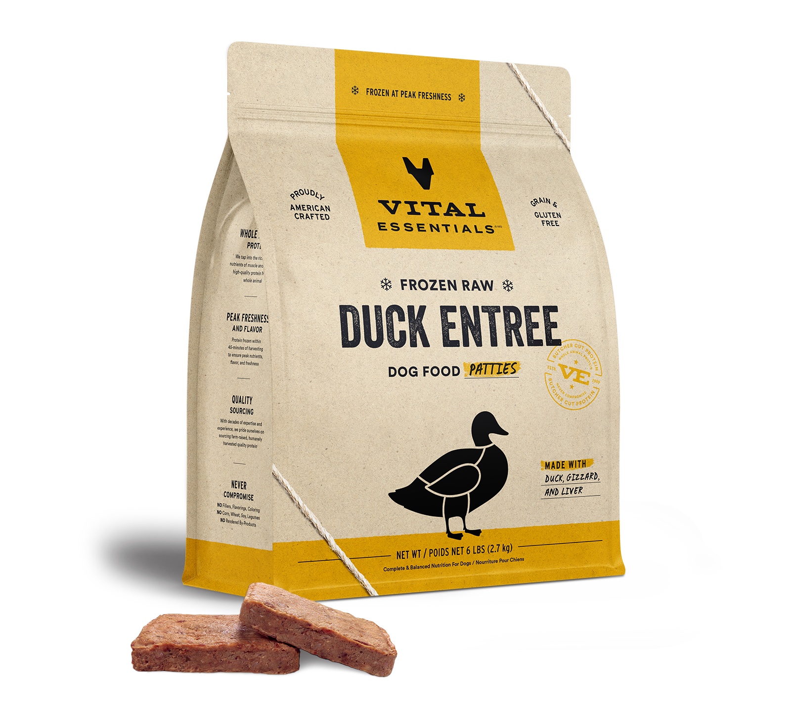 package front vital essentials®_frozen raw_duck_entree_patties_dog food