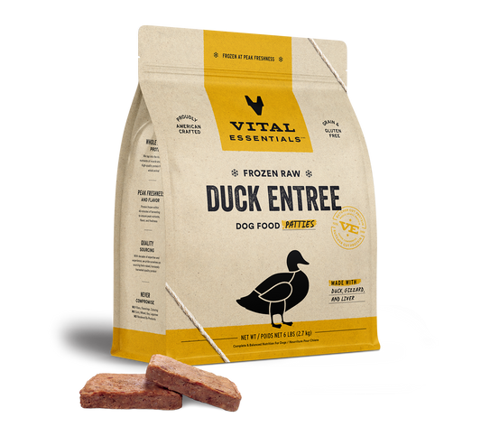 package front vital essentials®_frozen raw_duck_entree_patties_dog food