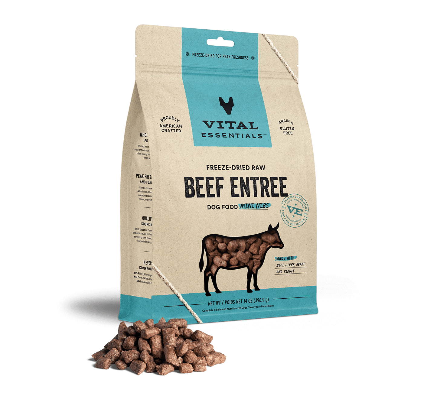 package front vital essentials®_freeze-dried raw_beef_entree_mini nibs_dog food