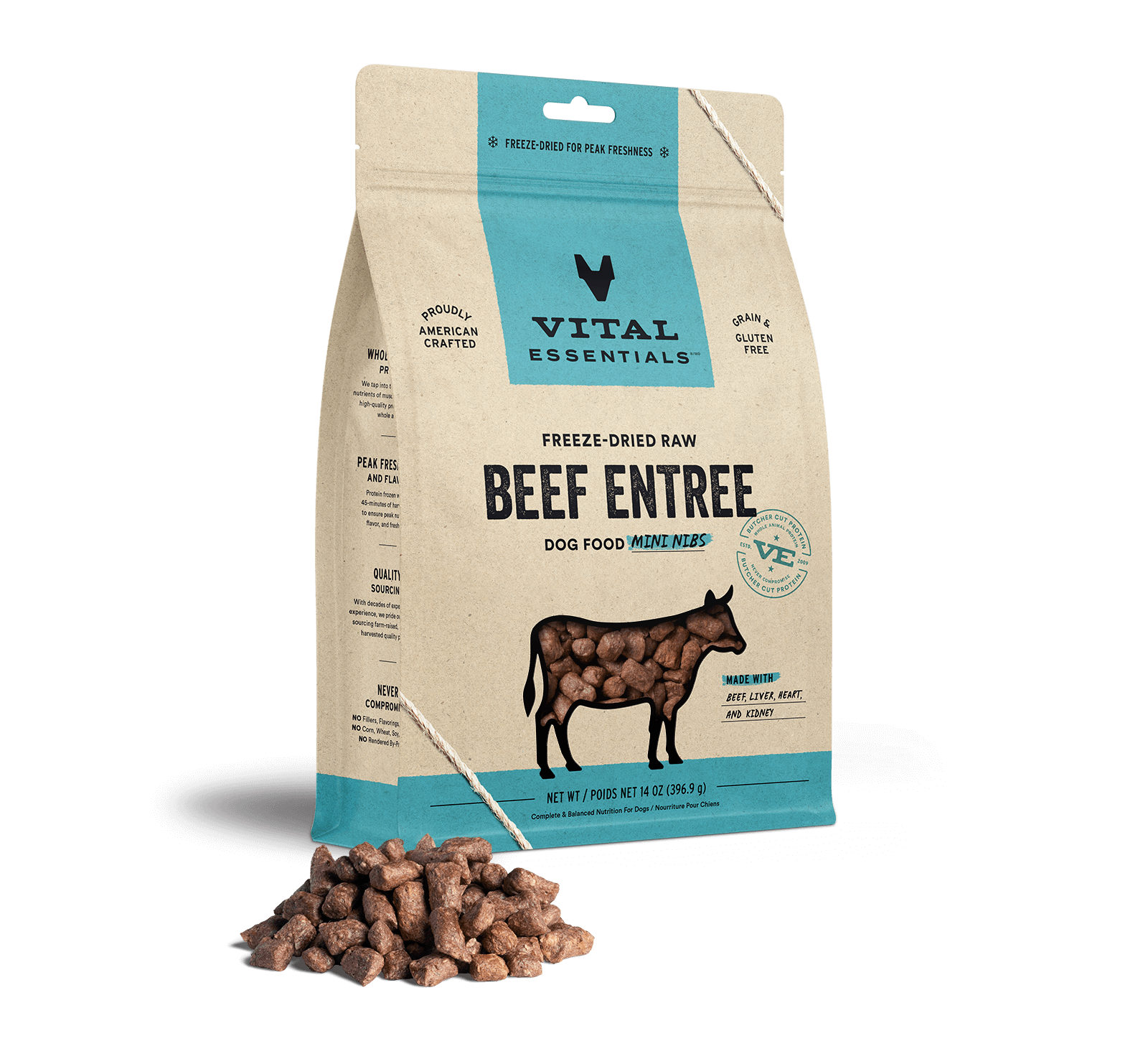 package front vital essentials®_freeze-dried raw_beef_entree_mini nibs_dog food