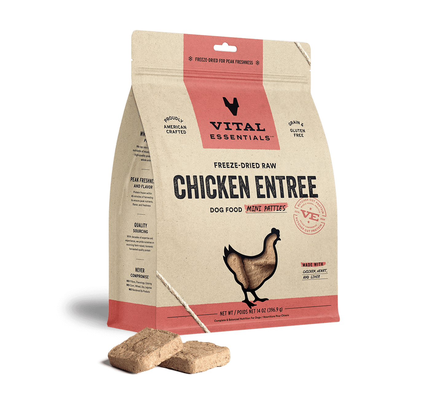 package front vital essentials®_freeze-dried raw_chicken_entree_mini patties_dog food