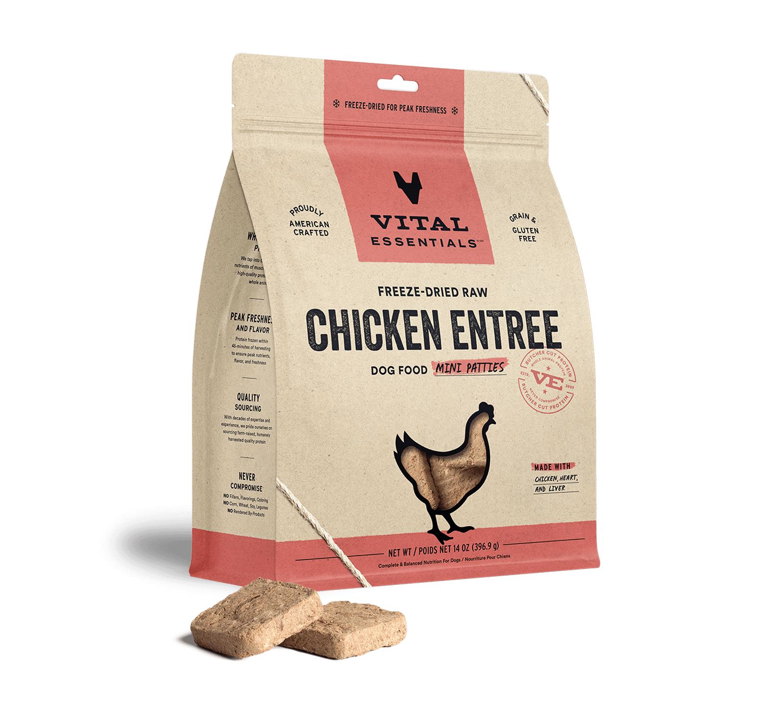 package front vital essentials®_freeze-dried raw_chicken_entree_mini patties_dog food