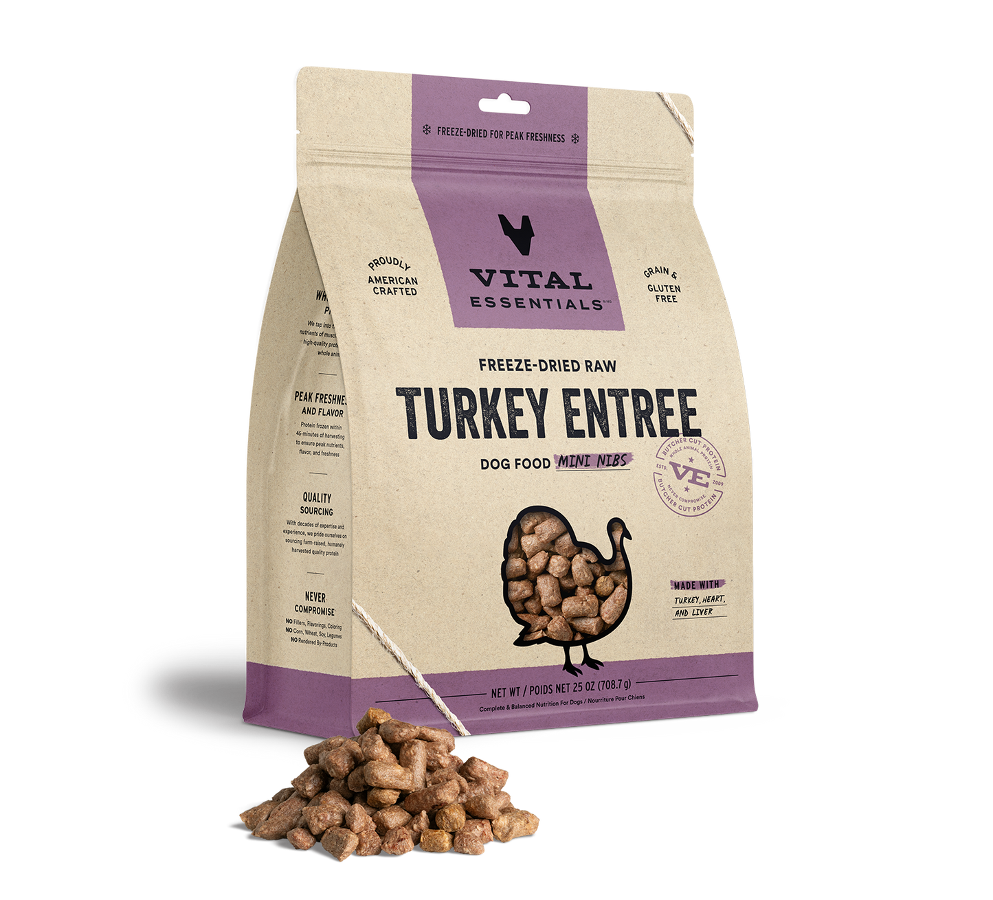 package front vital essentials®_freeze-dried raw_turkey_entree_mini nibs_dog food