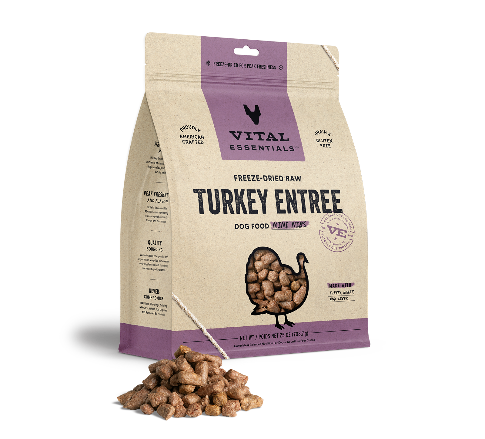 package front vital essentials®_freeze-dried raw_turkey_entree_mini nibs_dog food