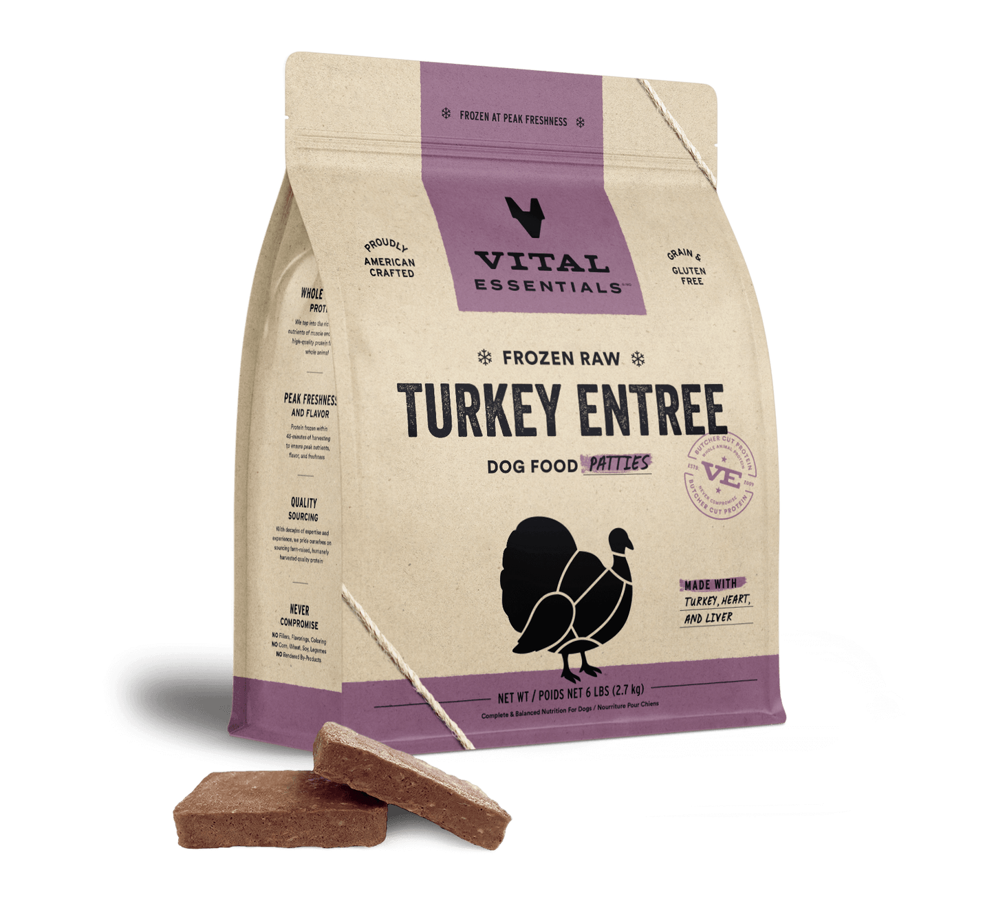 package front vital essentials®_frozen raw_turkey_entree_patties_dog food