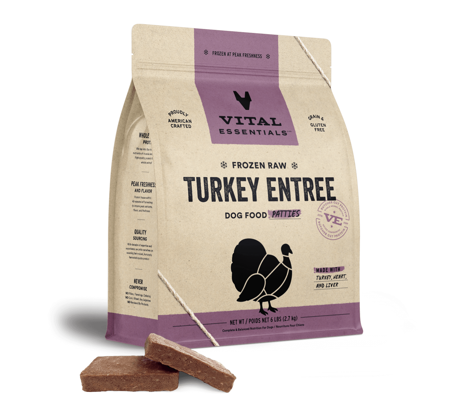 package front vital essentials®_frozen raw_turkey_entree_patties_dog food